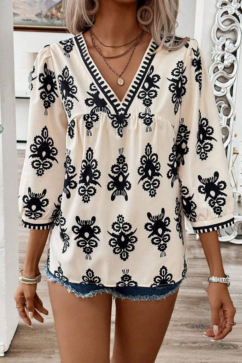 Beige Puff Sleeve Blouse with Ethnic Print