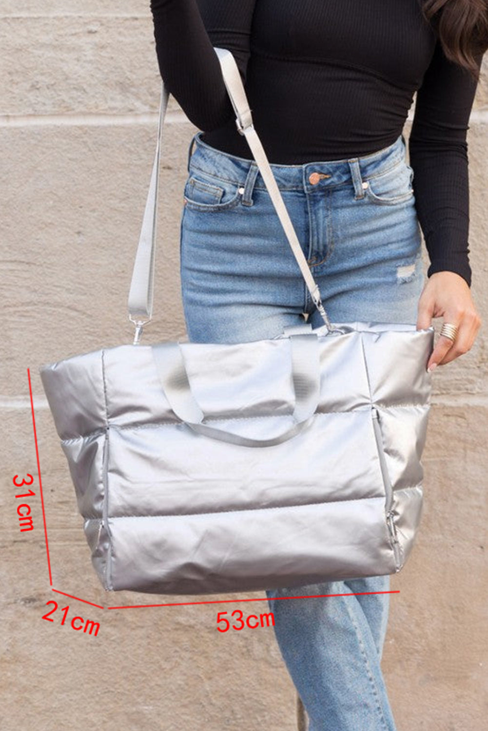 Silvery Solid Color Zipper Puffer Large Tote Bag Shewin