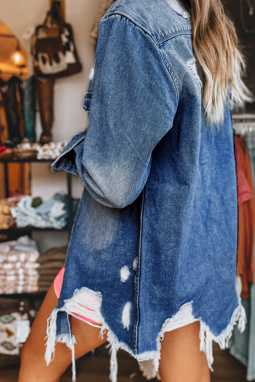 Distressed Long Denim Jacket with Frayed Edge