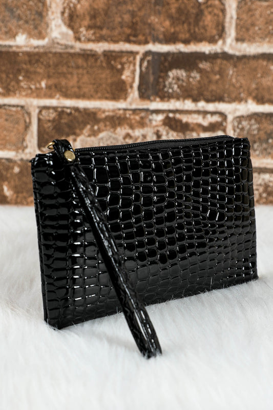 Black Croc Pattern Wristlet Clutch with Zipper