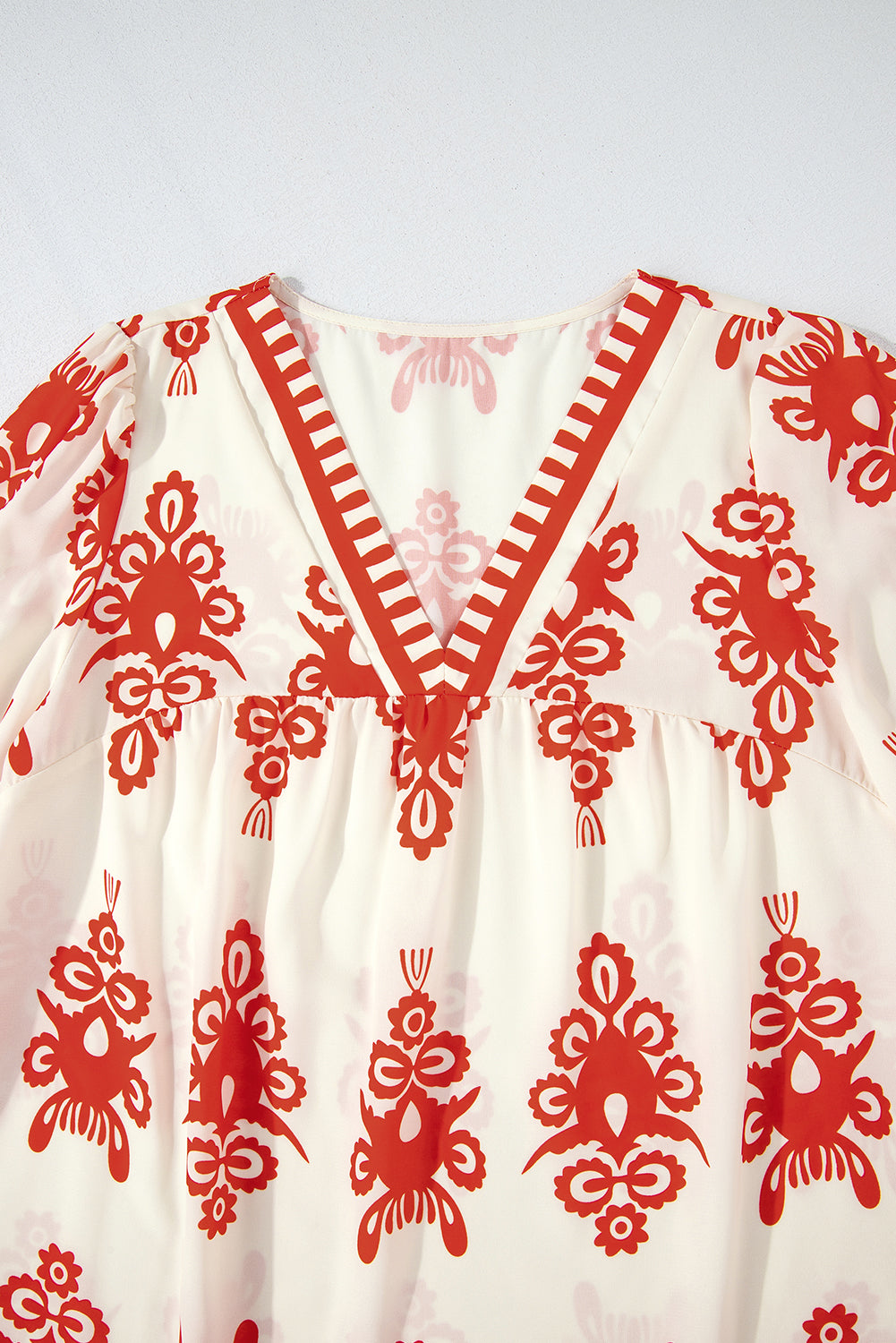 Beige Puff Sleeve Blouse with Ethnic Print