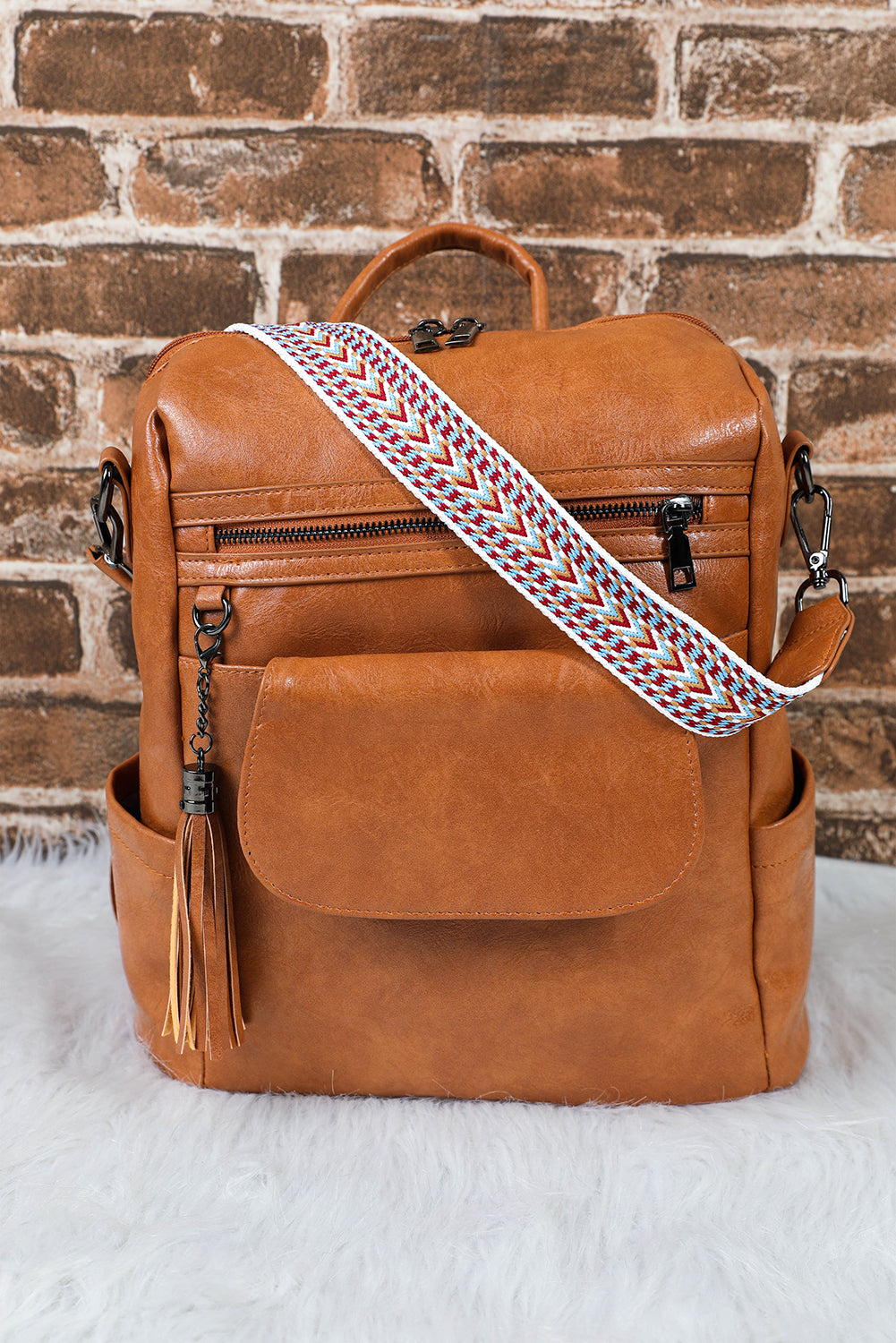 Dark Brown Tassel Decor Retro PU Large Capacity Backpack