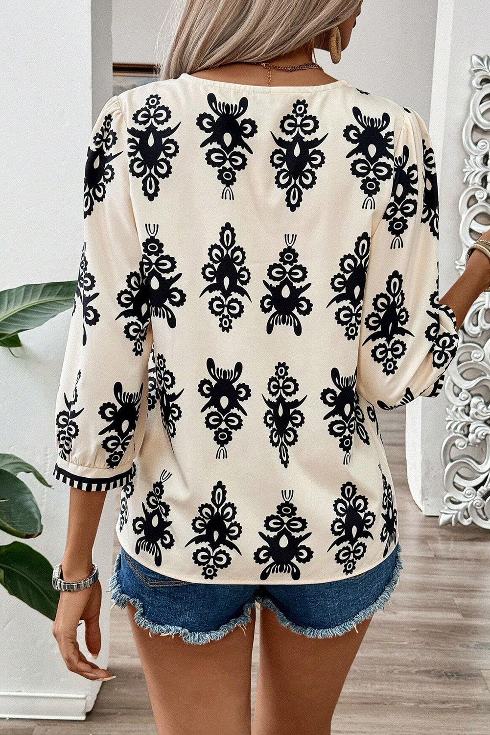 Beige Puff Sleeve Blouse with Ethnic Print