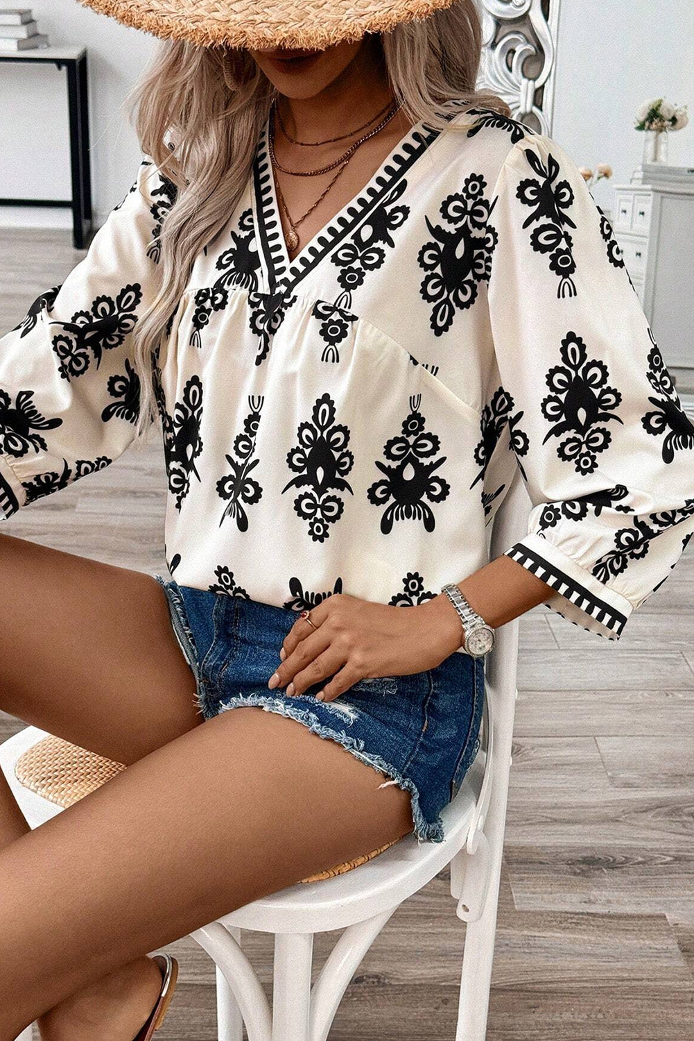 Beige Puff Sleeve Blouse with Ethnic Print