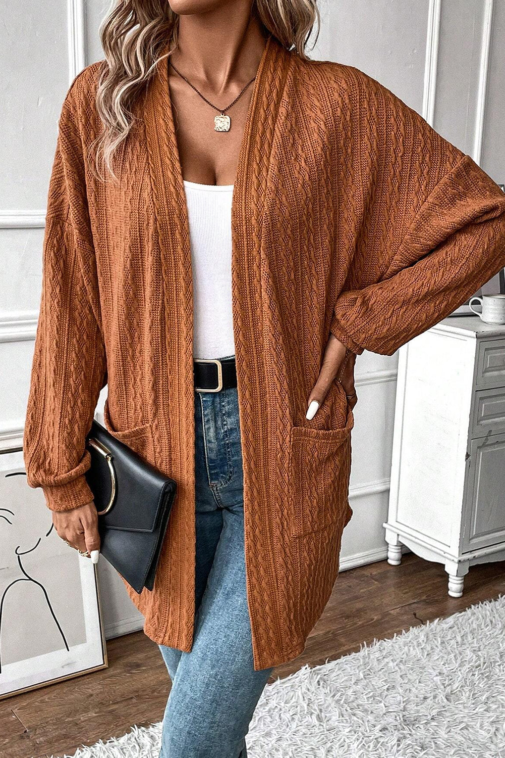 Canton Textured Knit Side Pockets Open Front Cardigan