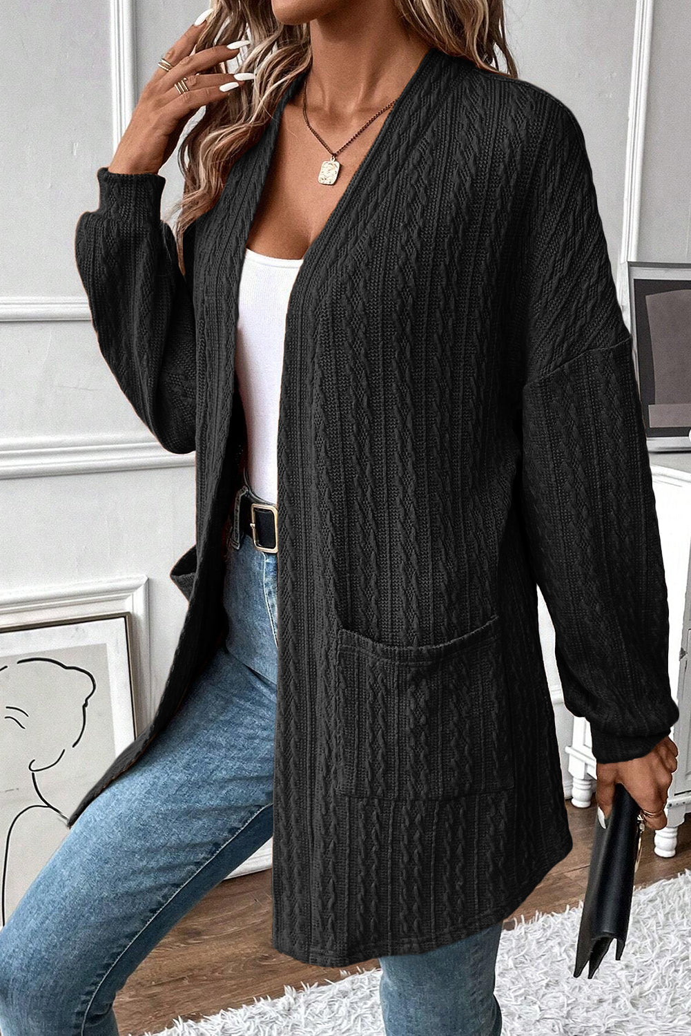 Canton Textured Knit Side Pockets Open Front Cardigan