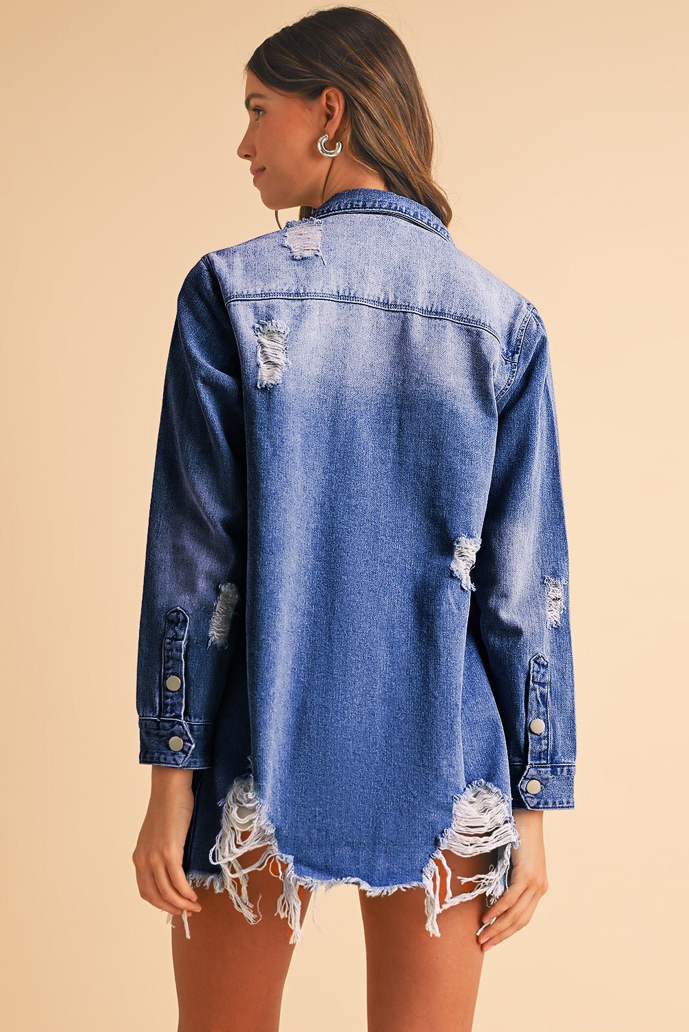 Distressed Long Denim Jacket with Frayed Edge