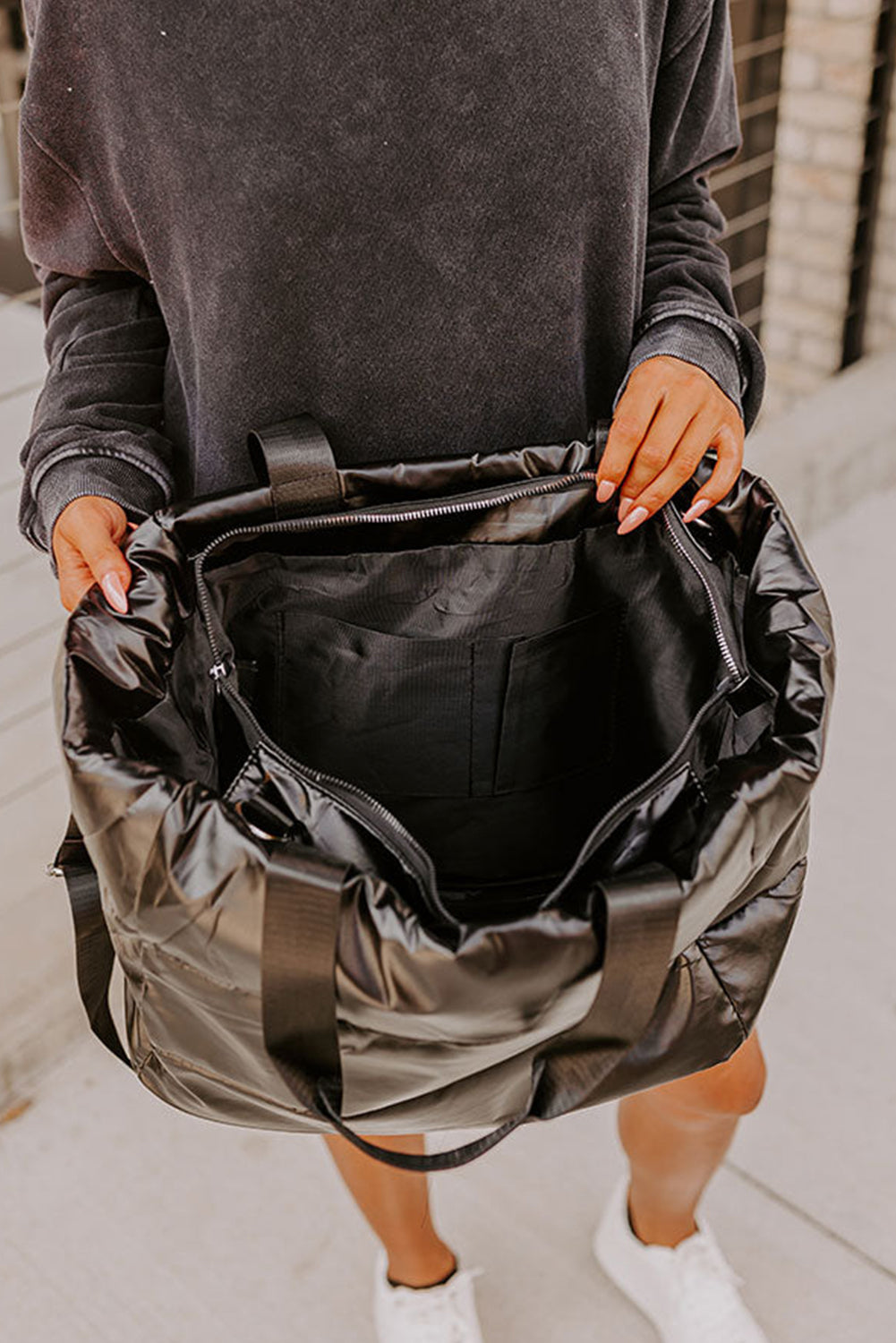 Silvery Solid Color Zipper Puffer Large Tote Bag Shewin