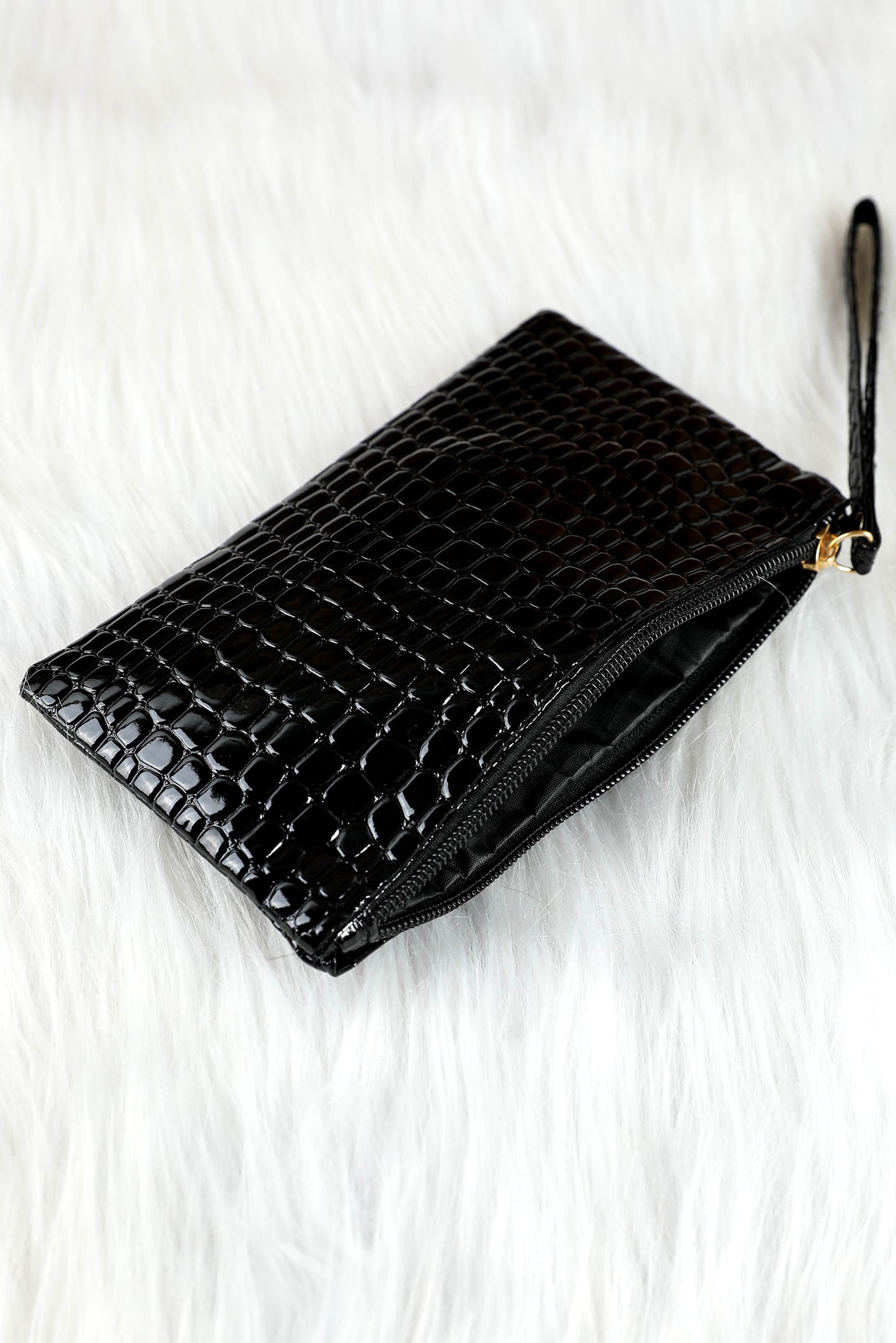 Black Croc Pattern Wristlet Clutch with Zipper