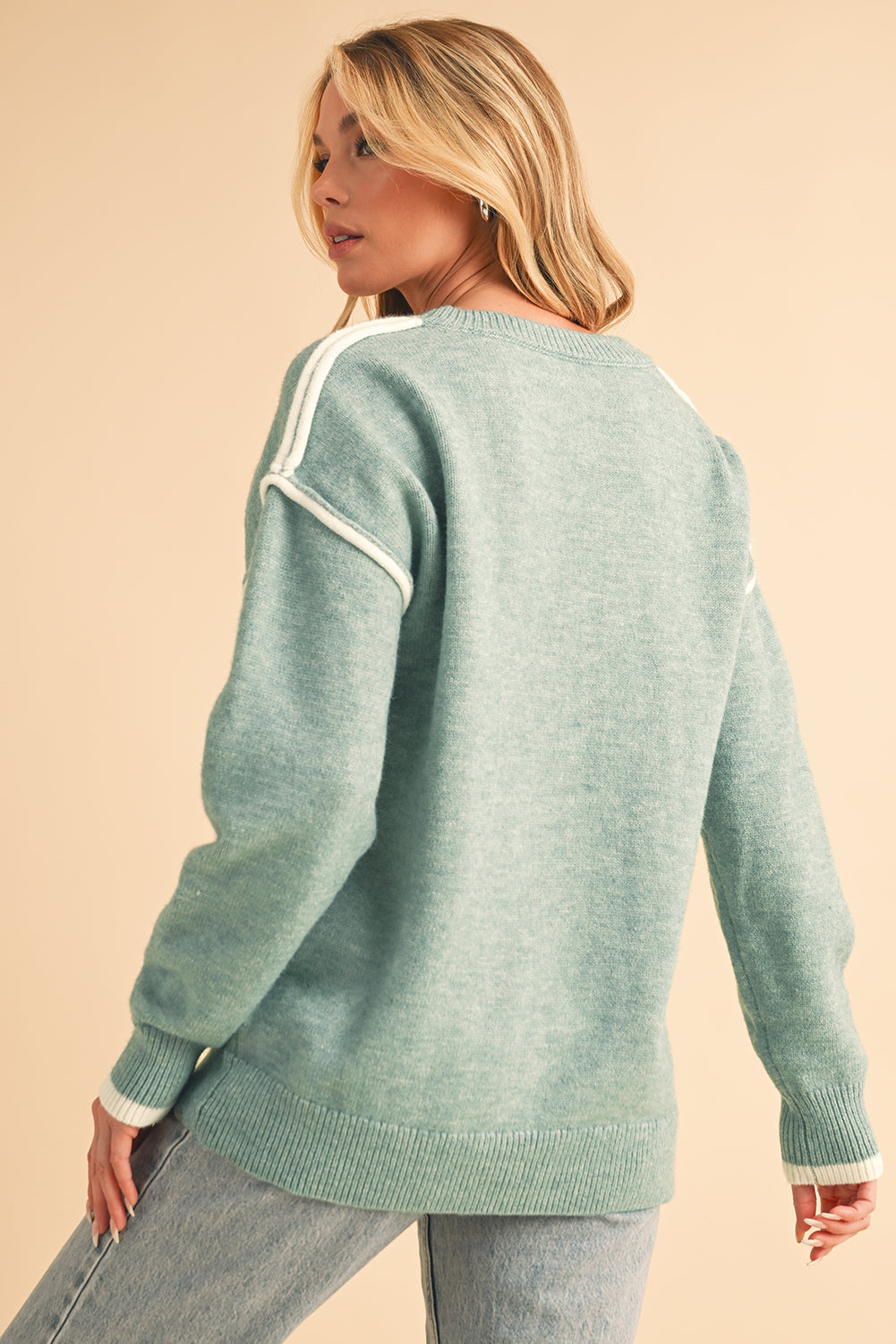 Moonlight Jade Contrast Edge Crewneck Knit Sweater Shewin