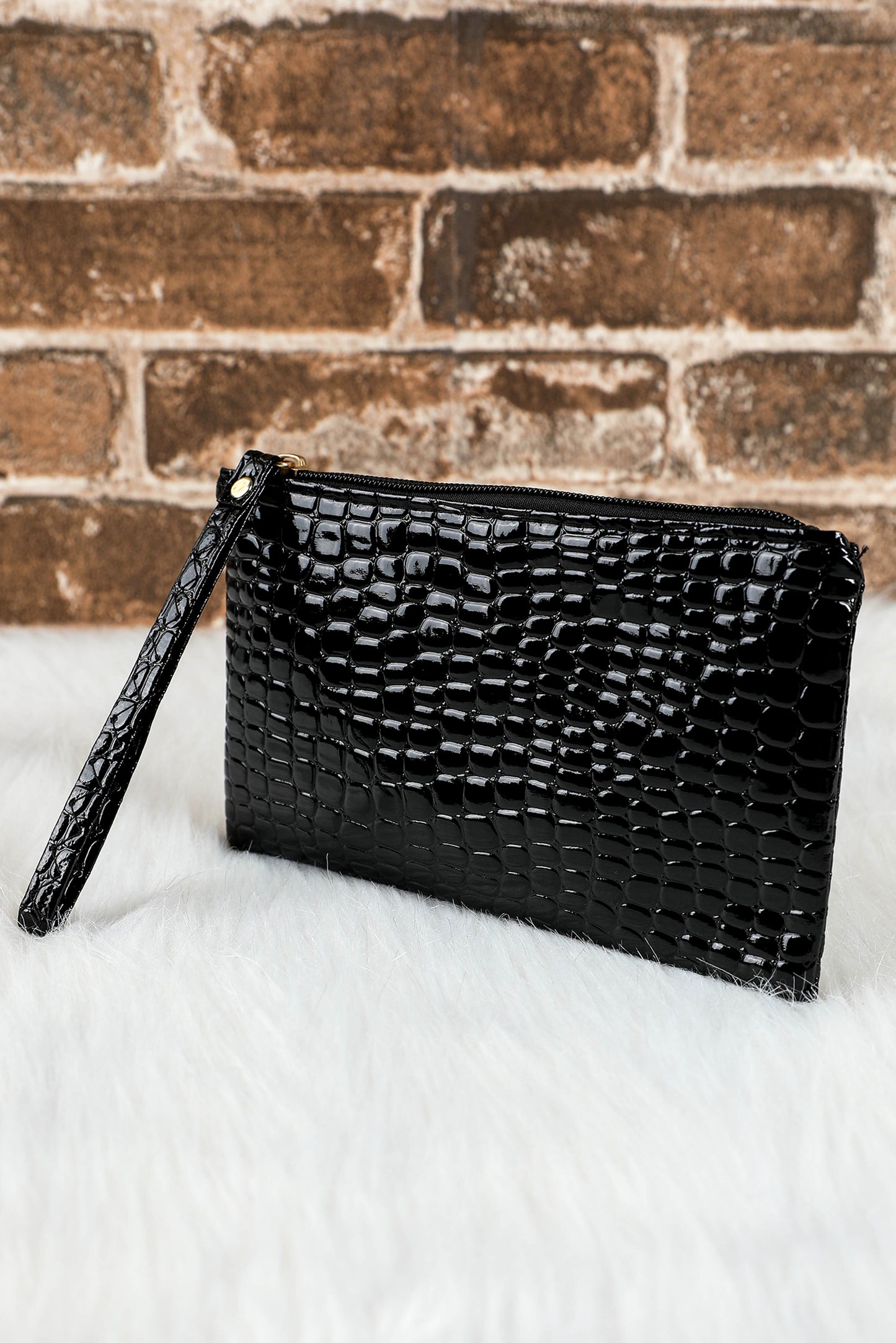 Black Croc Pattern Wristlet Clutch with Zipper