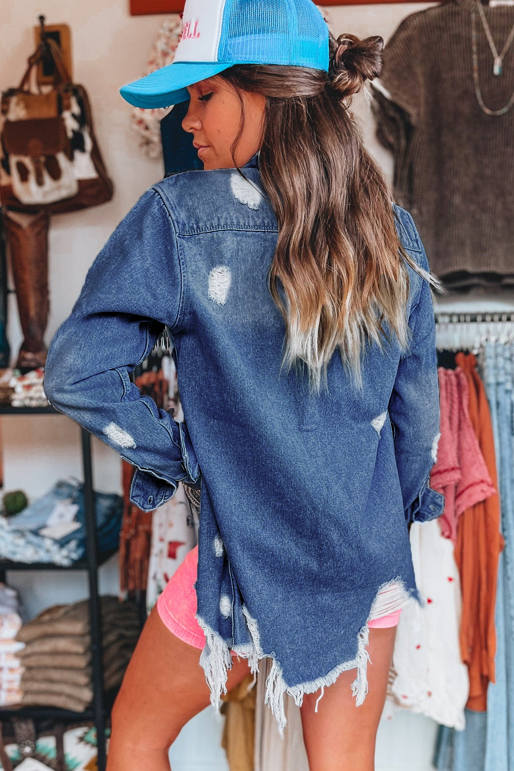 Distressed Long Denim Jacket with Frayed Edge