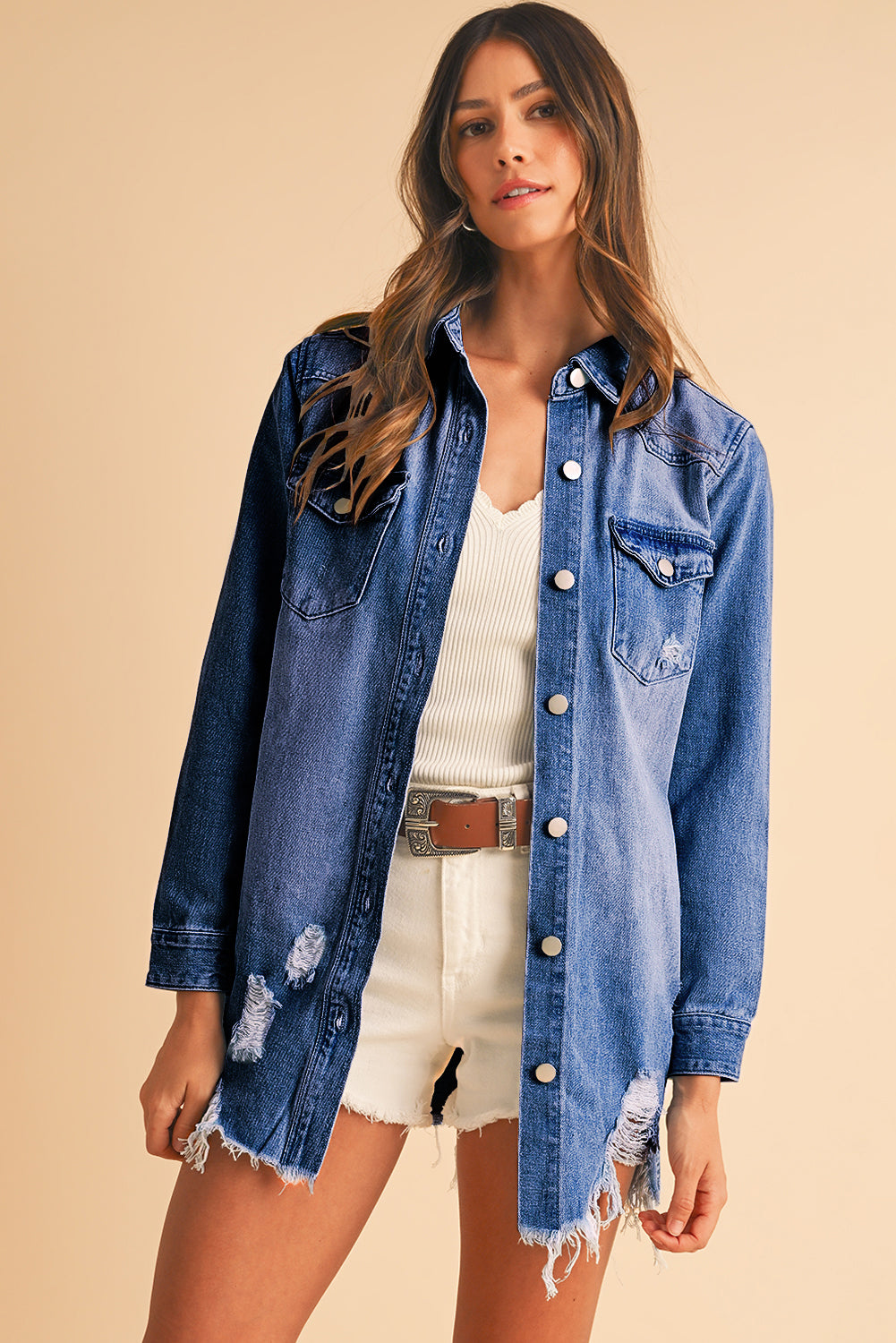 Distressed Long Denim Jacket with Frayed Edge