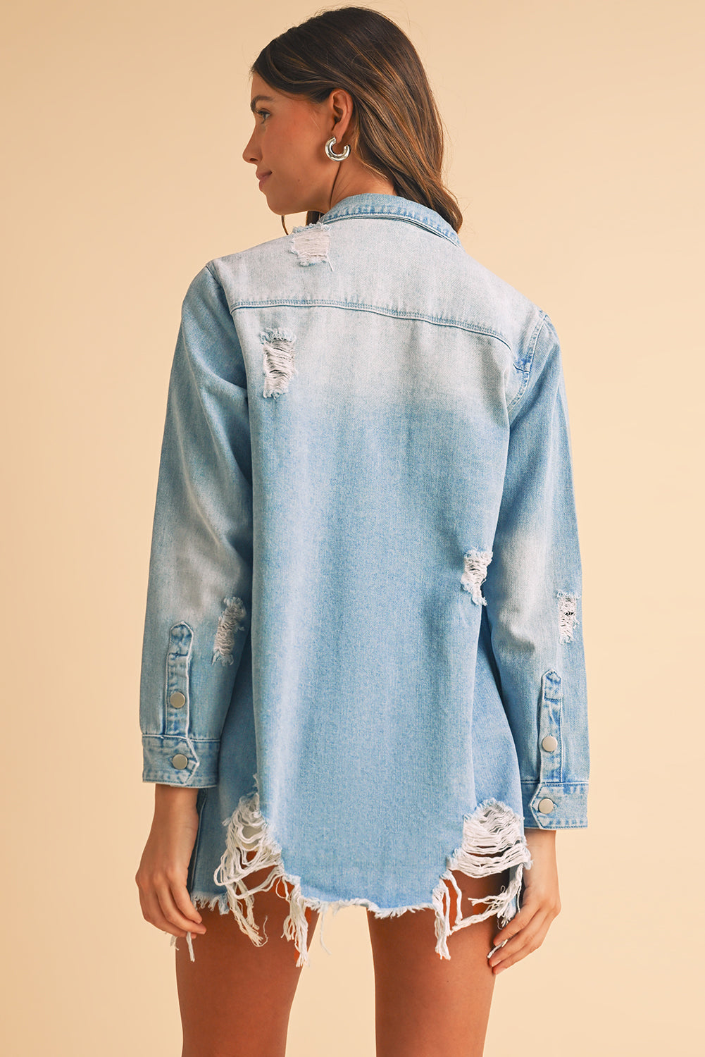 Distressed Long Denim Jacket with Frayed Edge