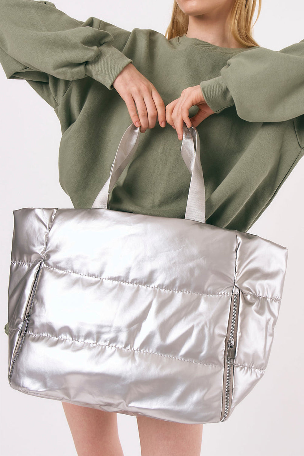 Silvery Solid Color Zipper Puffer Large Tote Bag Shewin