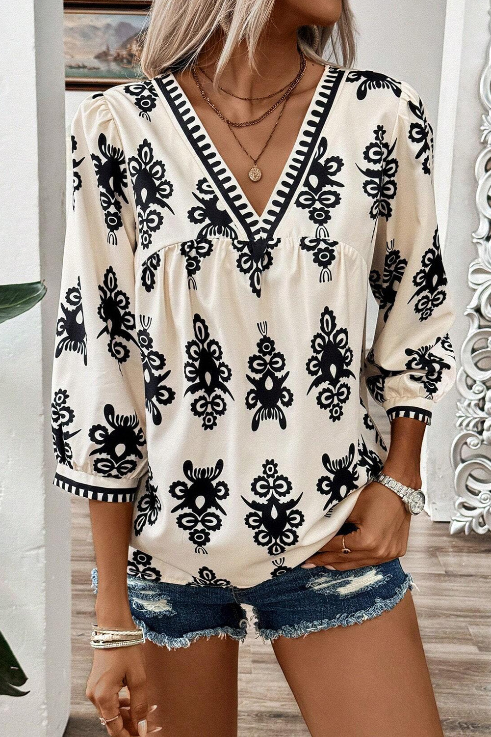 Beige Puff Sleeve Blouse with Ethnic Print