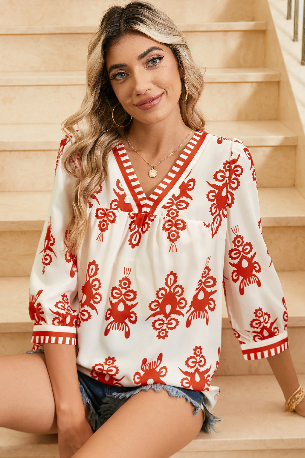 Beige Puff Sleeve Blouse with Ethnic Print