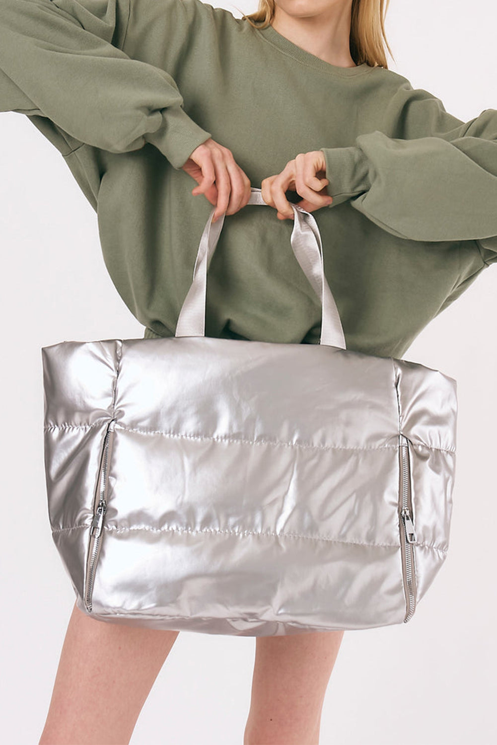 Silvery Solid Color Zipper Puffer Large Tote Bag Shewin