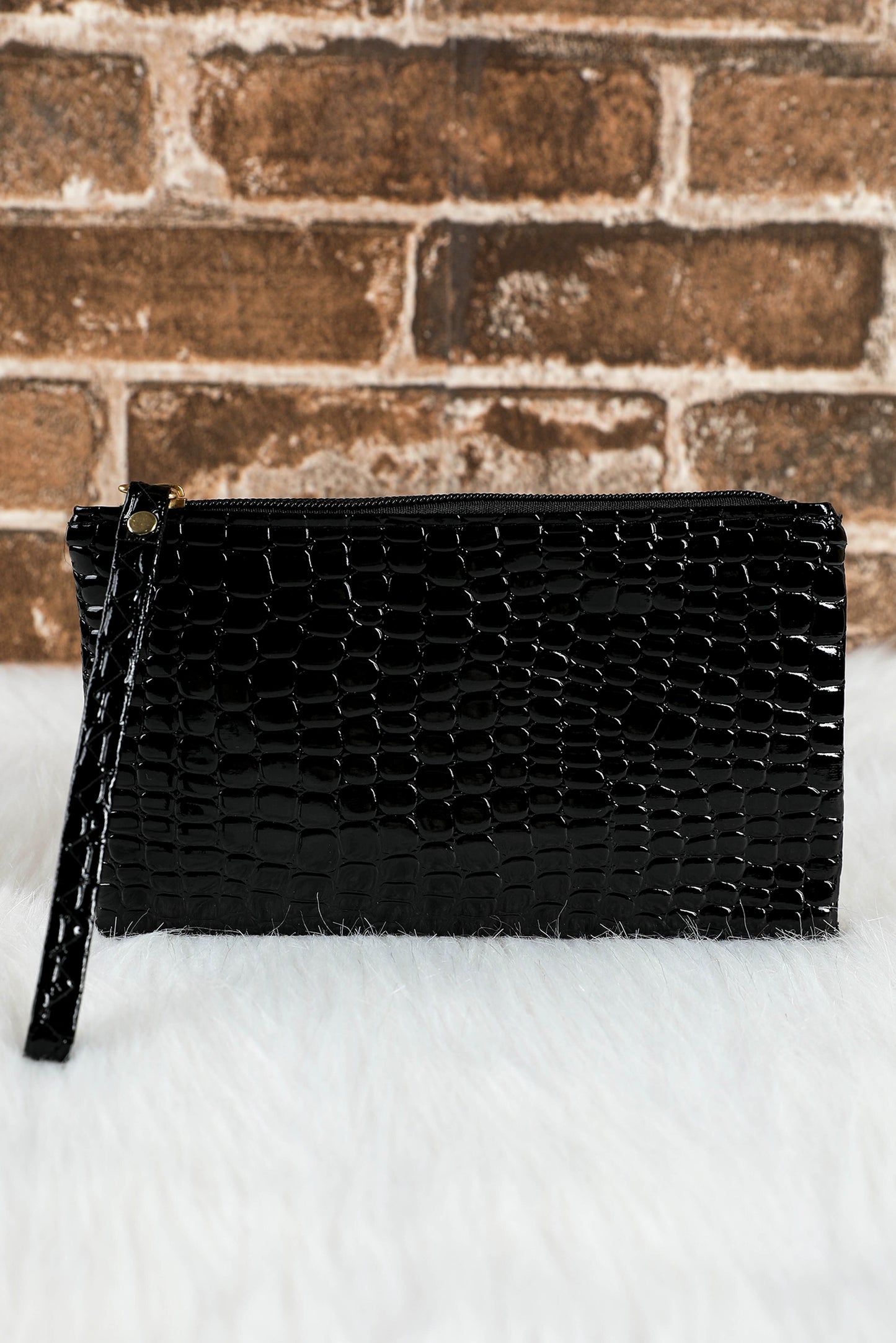 Black Croc Pattern Wristlet Clutch with Zipper