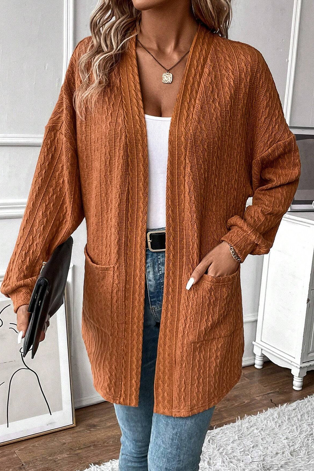 Canton Textured Knit Side Pockets Open Front Cardigan