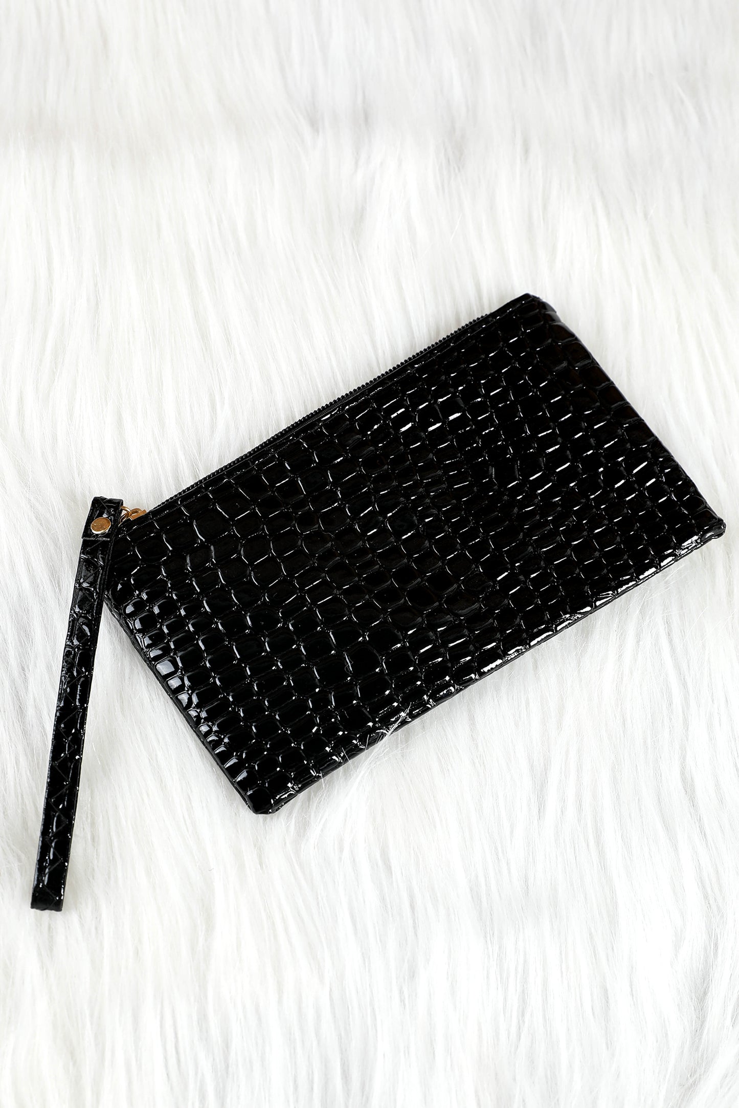 Black Croc Pattern Wristlet Clutch with Zipper