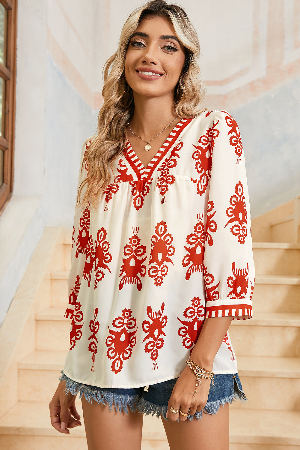 Beige Puff Sleeve Blouse with Ethnic Print