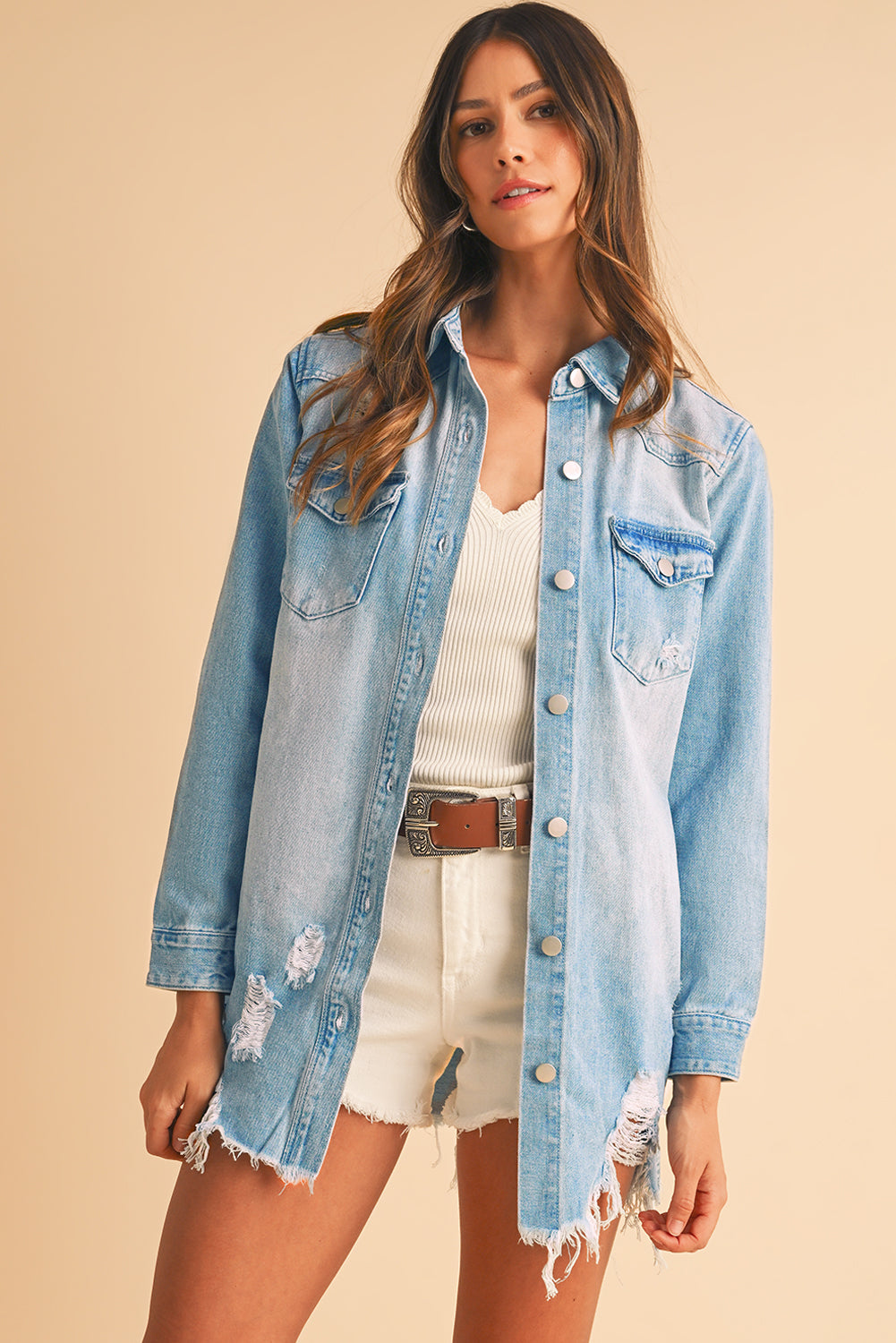 Distressed Long Denim Jacket with Frayed Edge