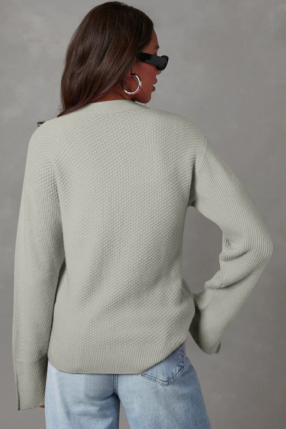 Parchment Solid Textured Knit Split Cuff Drop Shoulder Sweater Home