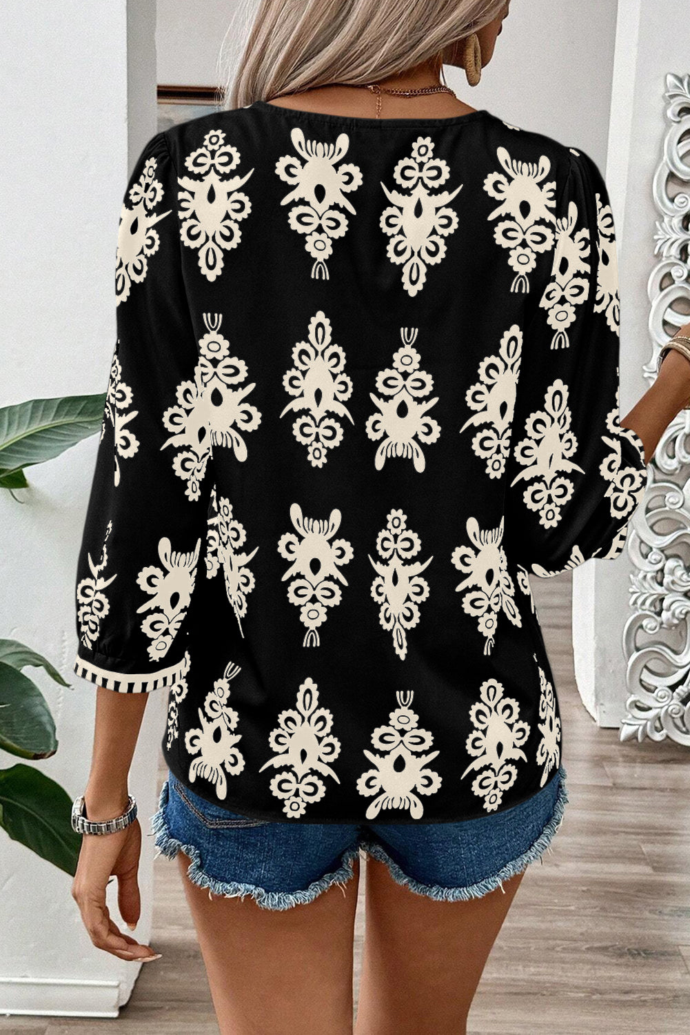 Beige Puff Sleeve Blouse with Ethnic Print