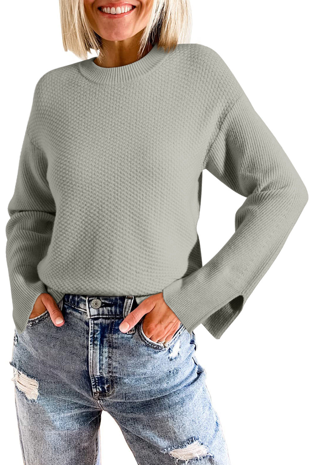 Parchment Solid Textured Knit Split Cuff Drop Shoulder Sweater Home