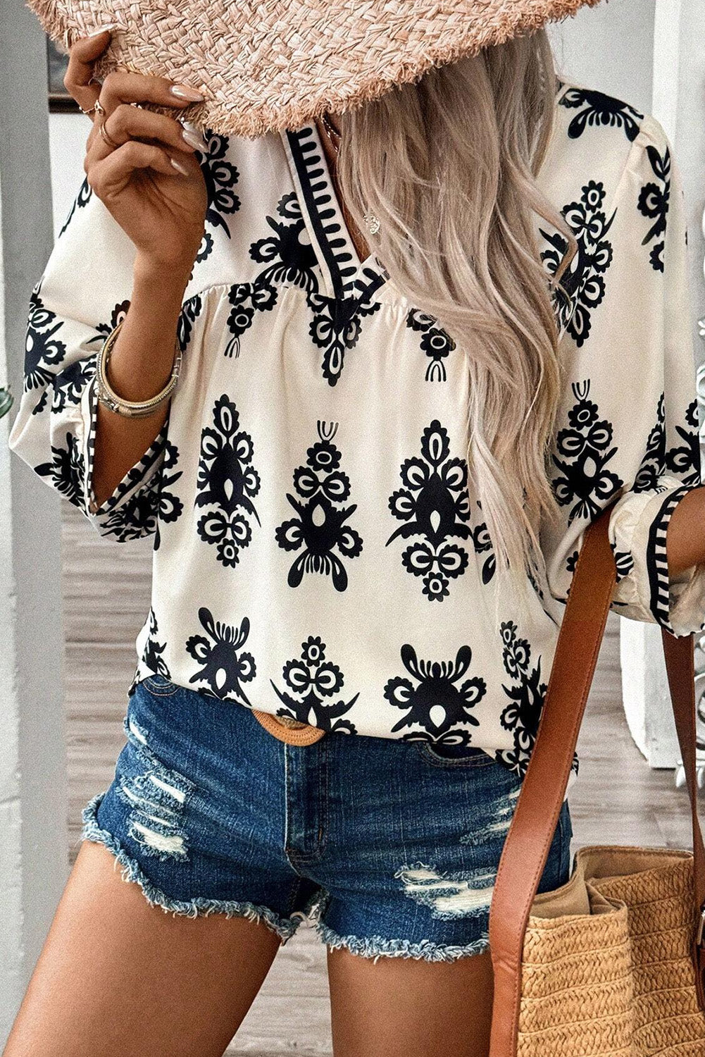 Beige Puff Sleeve Blouse with Ethnic Print