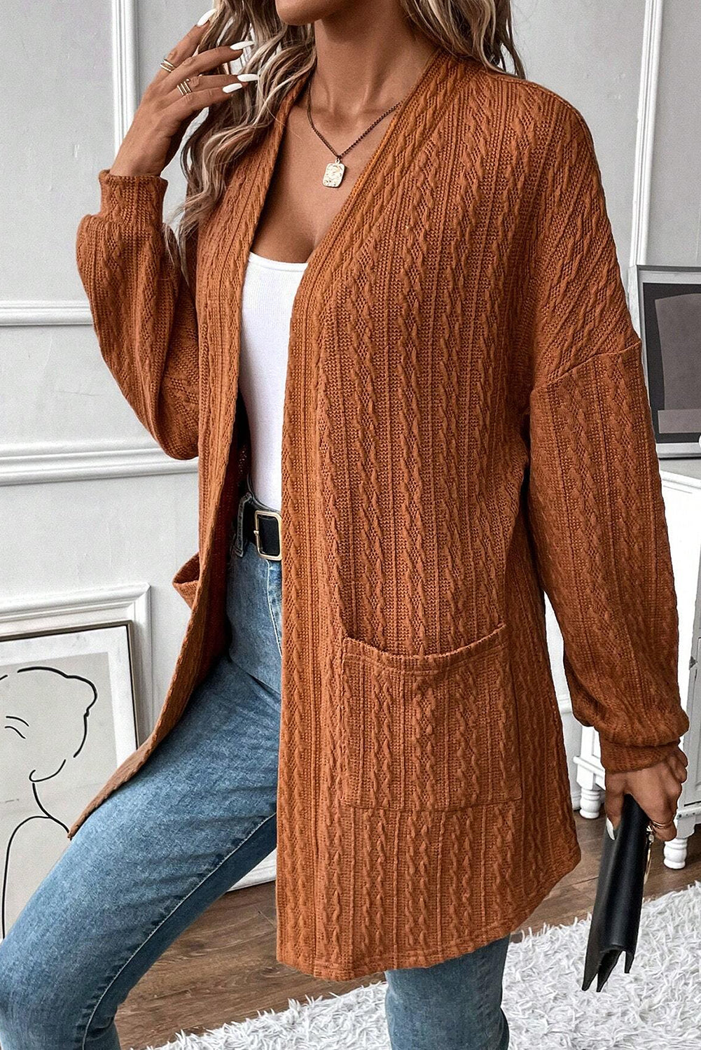 Canton Textured Knit Side Pockets Open Front Cardigan