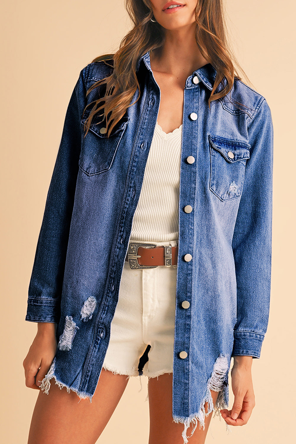 Distressed Long Denim Jacket with Frayed Edge