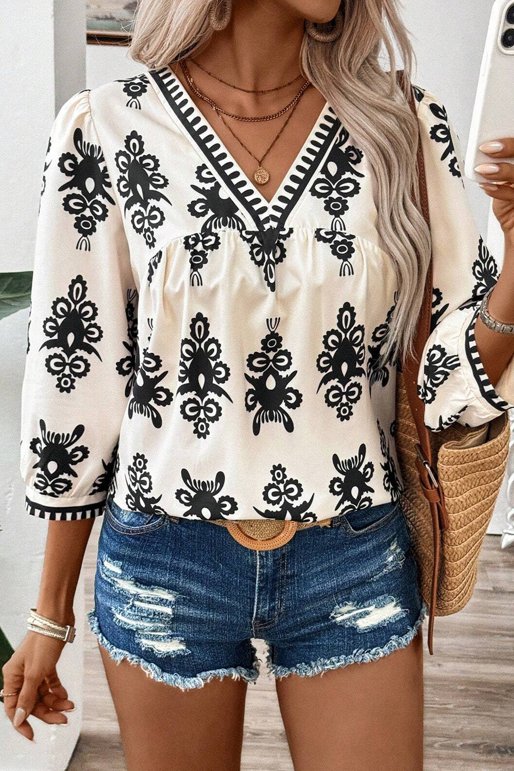 Beige Puff Sleeve Blouse with Ethnic Print