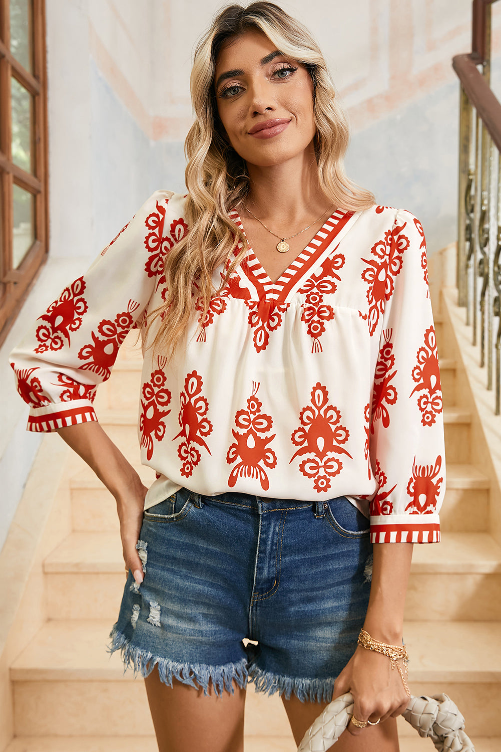 Beige Puff Sleeve Blouse with Ethnic Print