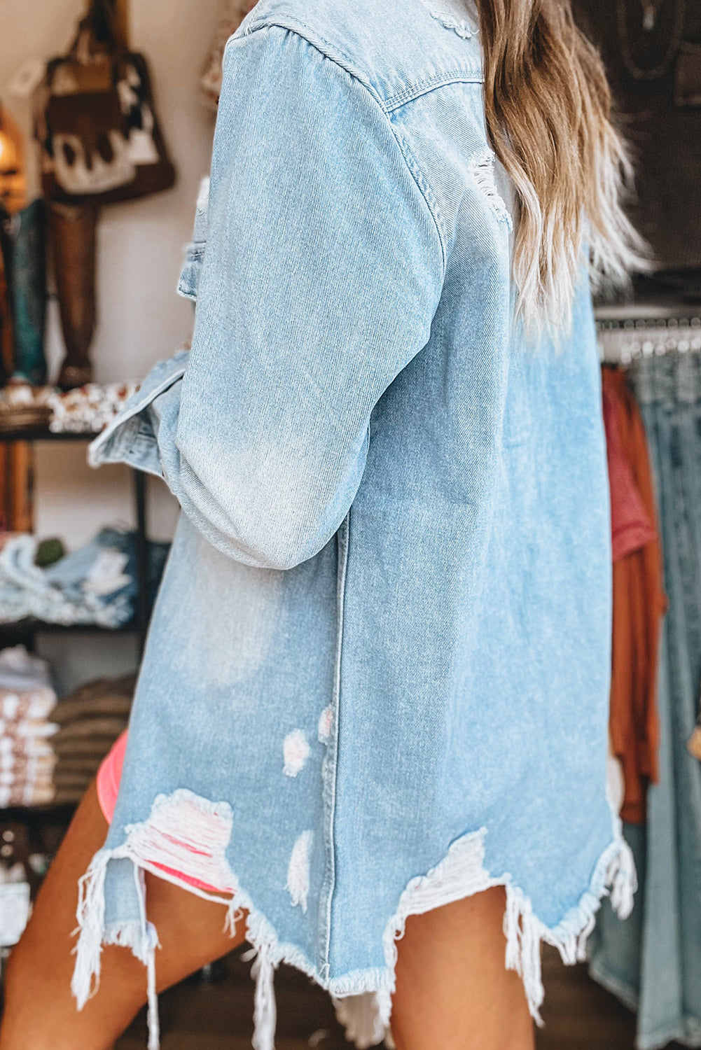 Distressed Long Denim Jacket with Frayed Edge