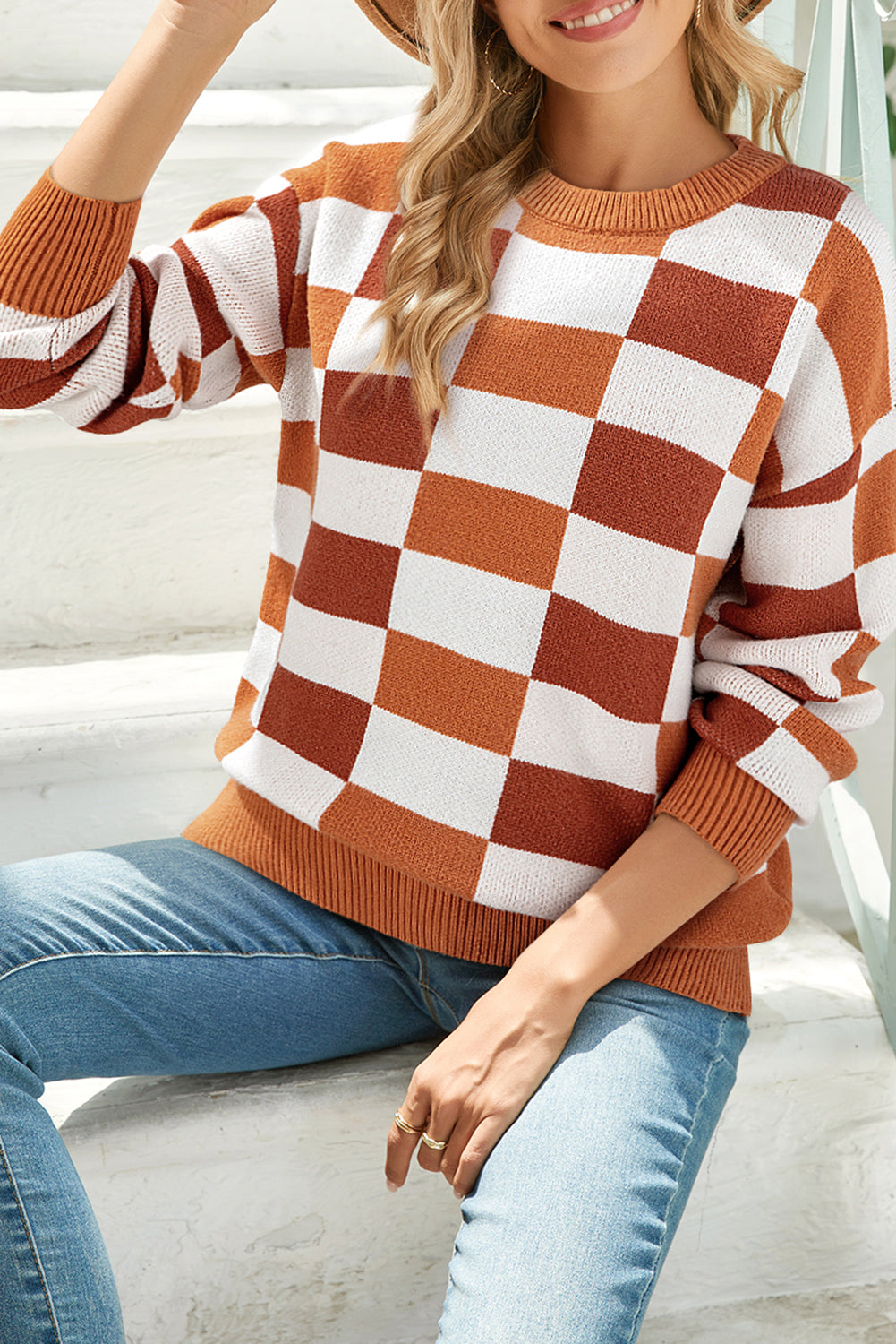 Khaki Checkered Crew Neck Drop Shoulder Knit Sweater Home